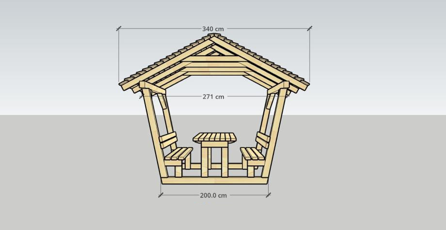 Tehnički crtež sjenice - bočni pogled s visinom od 340 cm - limeni krov