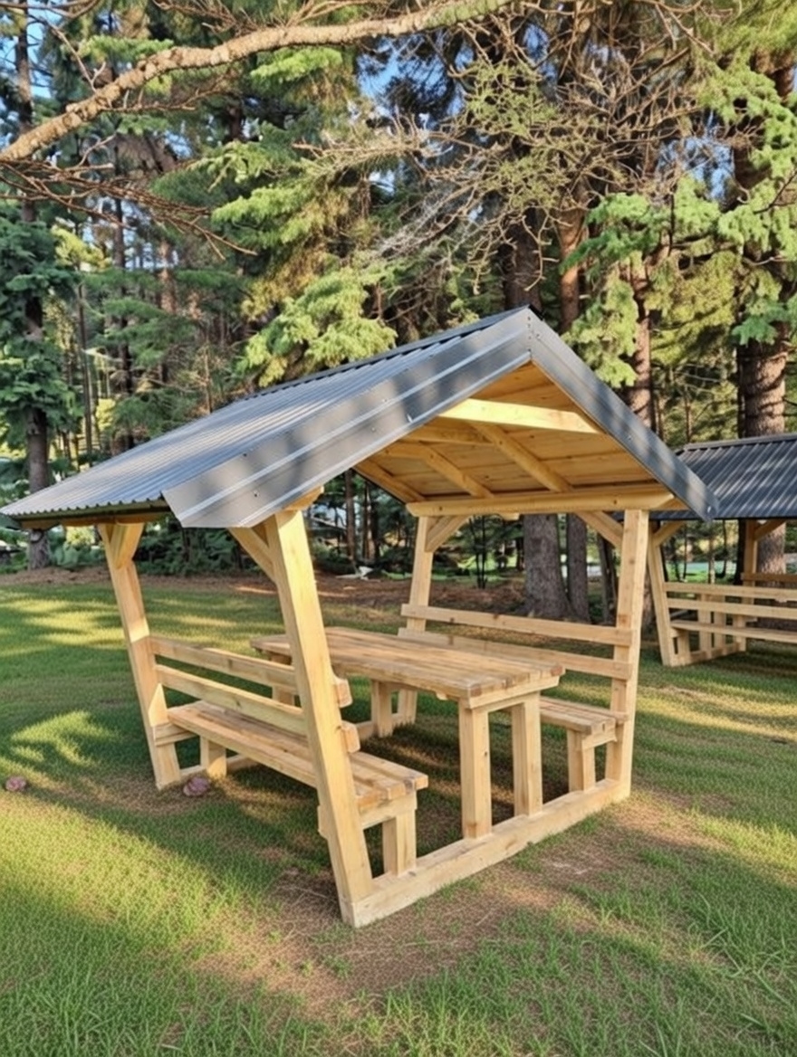 Drvena sjenica s klupama i stolom - pogled sprijeda