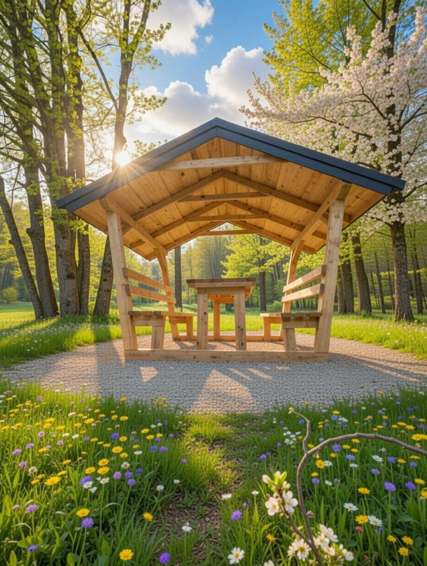 Drvena sjenica s klupama i stolom - pogled sprijeda - vrtni paviljon za vrt